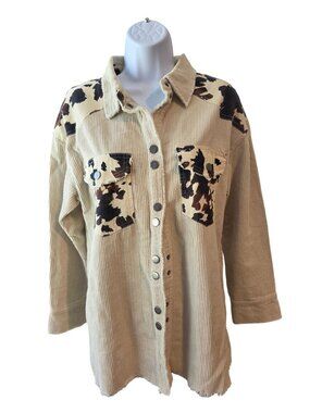Willow & Root Womens S Cream Corduroy Cow Print Shacket Western Ranchcore